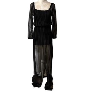 Meghan Los Angeles Long Balloon Sleeve Maxi Sheer Pleated Slit Dress Sz M